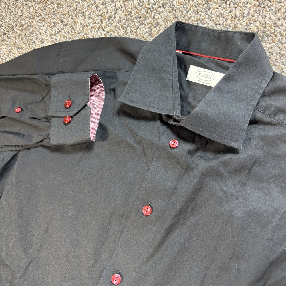 Eton Contemporary Men's 16 41 Button Up Shirt Black Red Contrast Cotton